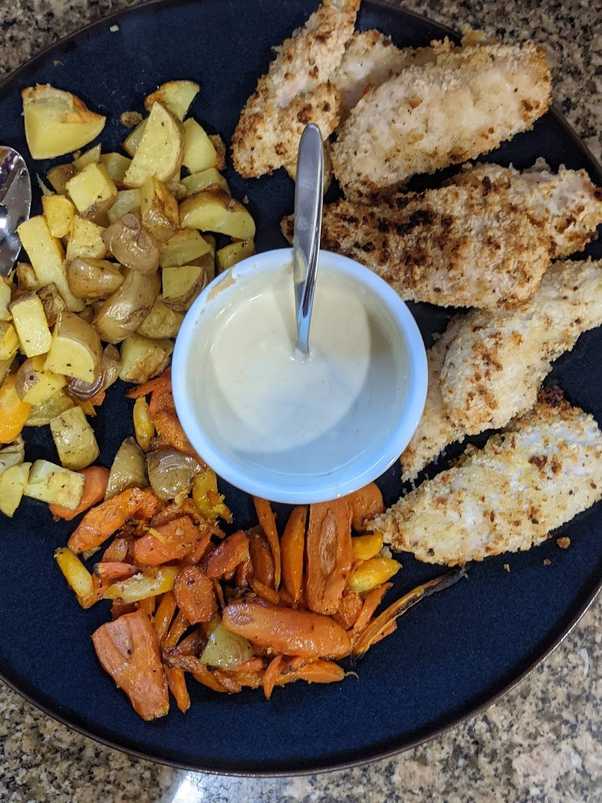 Chicken Schnitzel with Roasted Carrots and Potatoes